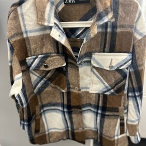Zara Brown and Blue Plaid Shirt Jacket